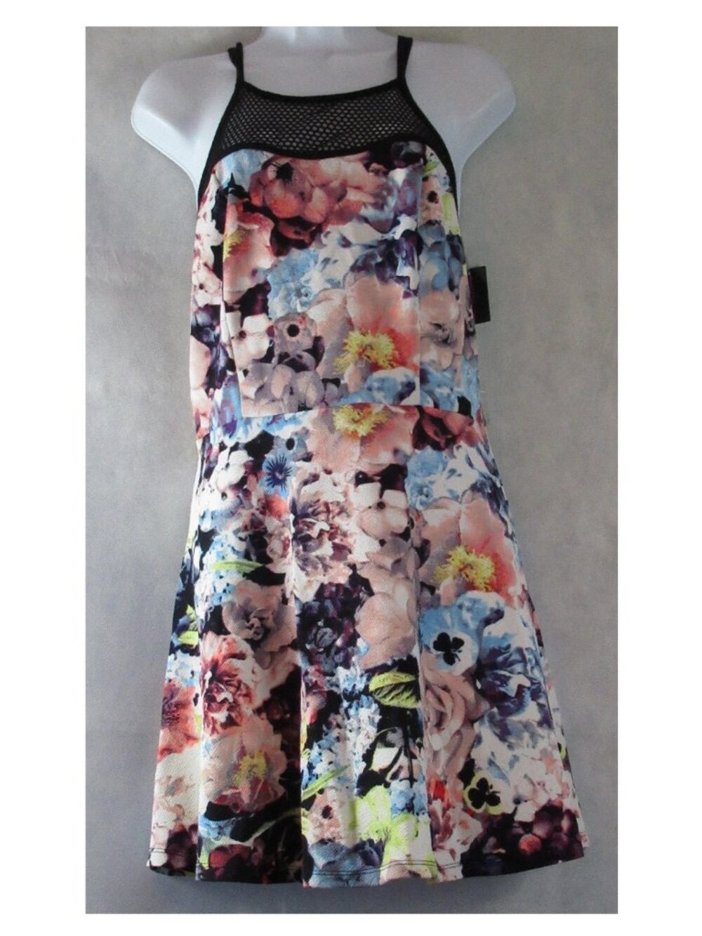 Material Girl Juniors Floral Mesh-Panel Sleeveless Dress, Multicolor, Large